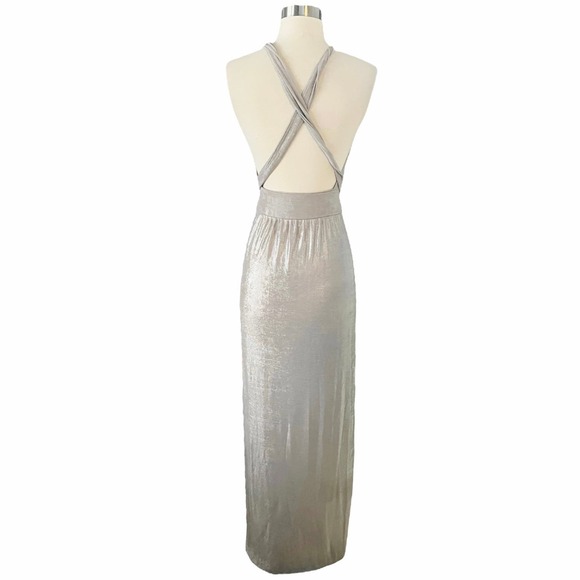 T. ZOVICH Maxi Dress Slinky Metallic Silver Multiway Halter Open Back Slits S/M - Picture 3 of 10